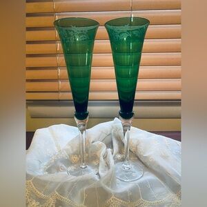 Holiday Emerald Green Flute Champaign Dinner Glasses